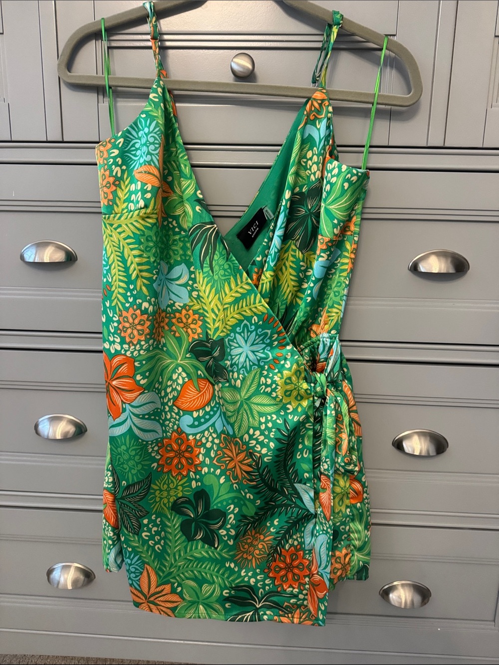 Vici Green Tropical Wrap Dress with Orange Accents